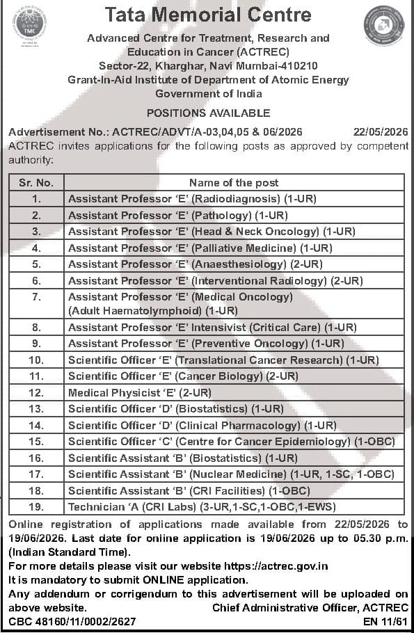 ACTREC Tata Memorial Centre Recruitment 2026 - 19 Faculty, Scientific Officer & Technician Posts, Apply by 19 June — official Employment News notification (ACTREC/ADVT/A-03,04,05 & 06/2026)