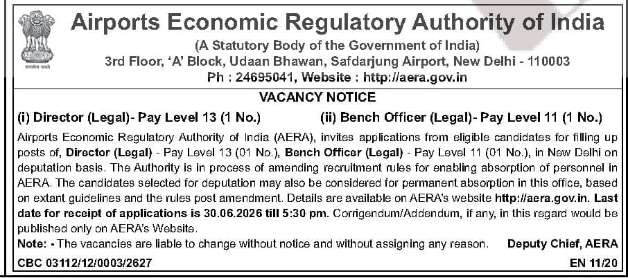 AERA Director (Legal) & Bench Officer (Legal) Recruitment 2026 - 2 Posts on Deputation — official Employment News notification (EN 11/20 (CBC 03112/12/0003/2627))
