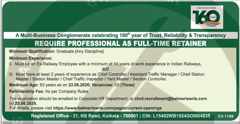 Balmer Lawrie & Co. Ltd. Professional as Full-Time Retainer Recruitment 2026 - 3 Posts — official Employment News notification (EN 11/88)