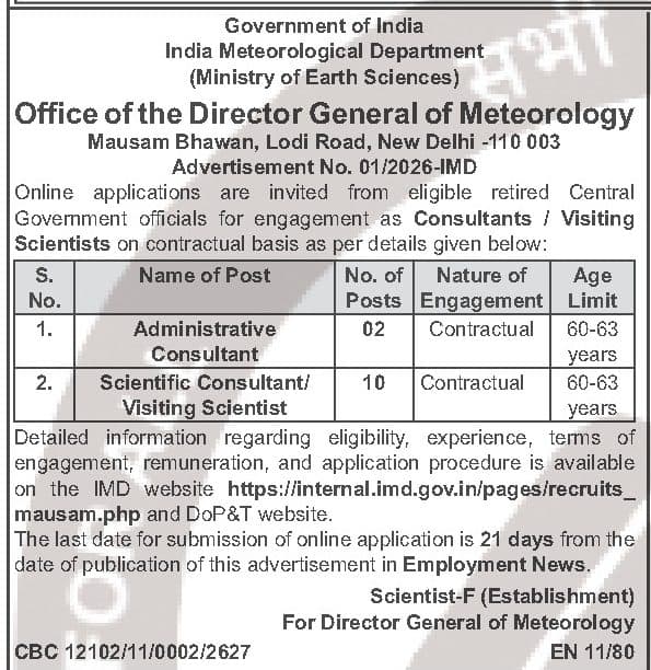 India Meteorological Department (IMD) Consultant Recruitment 2026 - 12 Posts — official Employment News notification (01/2026-IMD (EN 11/80))