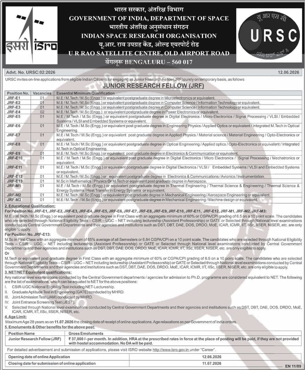 ISRO URSC Junior Research Fellow (JRF) Recruitment 2026 - 17 Posts, Apply Online by 11 July — official Employment News notification (Advt. No. URSC:02:2026 (EN 11/89))