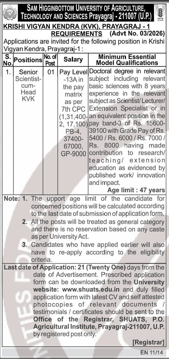 SHUATS KVK Prayagraj-1 Senior Scientist-cum-Head Recruitment 2026 - 1 Post, Apply Within 21 Days — official Employment News notification (Advt. No. 03/2026 (EN 11/14))