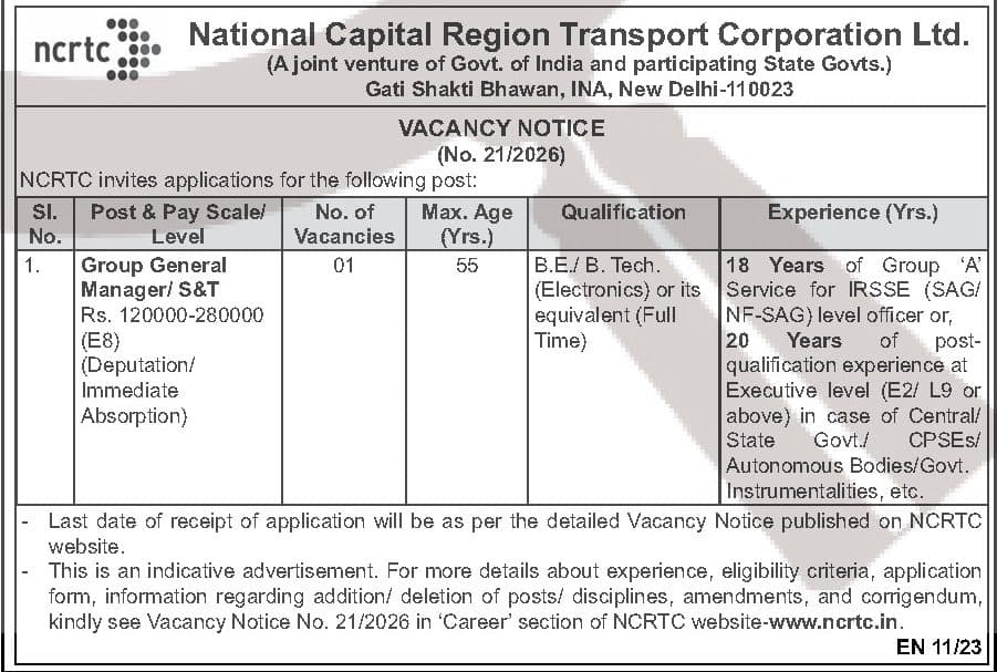NCRTC Group General Manager S&T Recruitment 2026 - 1 Post — official Employment News notification (EN 11/23 (Vacancy Notice No. 21/2026))