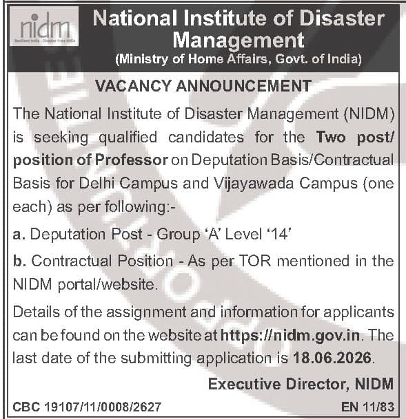 NIDM Professor Recruitment 2026 - 2 Posts (Deputation/Contract) — official Employment News notification (EN 11/83 (CBC 19107/11/0008/2627))