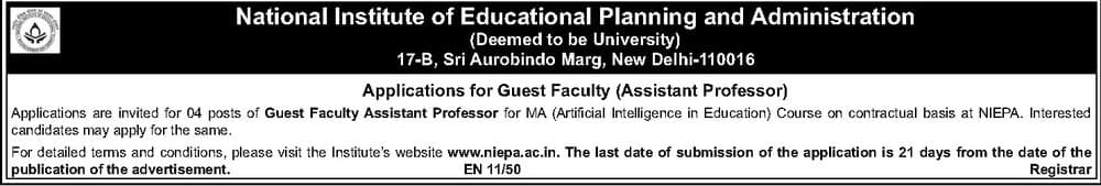 NIEPA Guest Faculty (Assistant Professor) Recruitment 2026 - 4 Posts — official Employment News notification (EN 11/50)