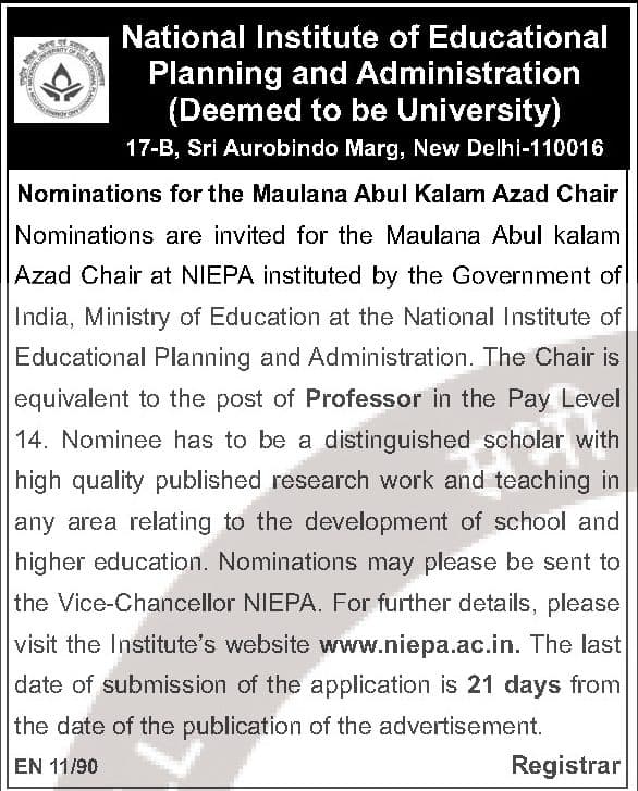 NIEPA Maulana Abul Kalam Azad Chair 2026 - Professor Level Position, Apply Within 21 Days — official Employment News notification (EN 11/90)