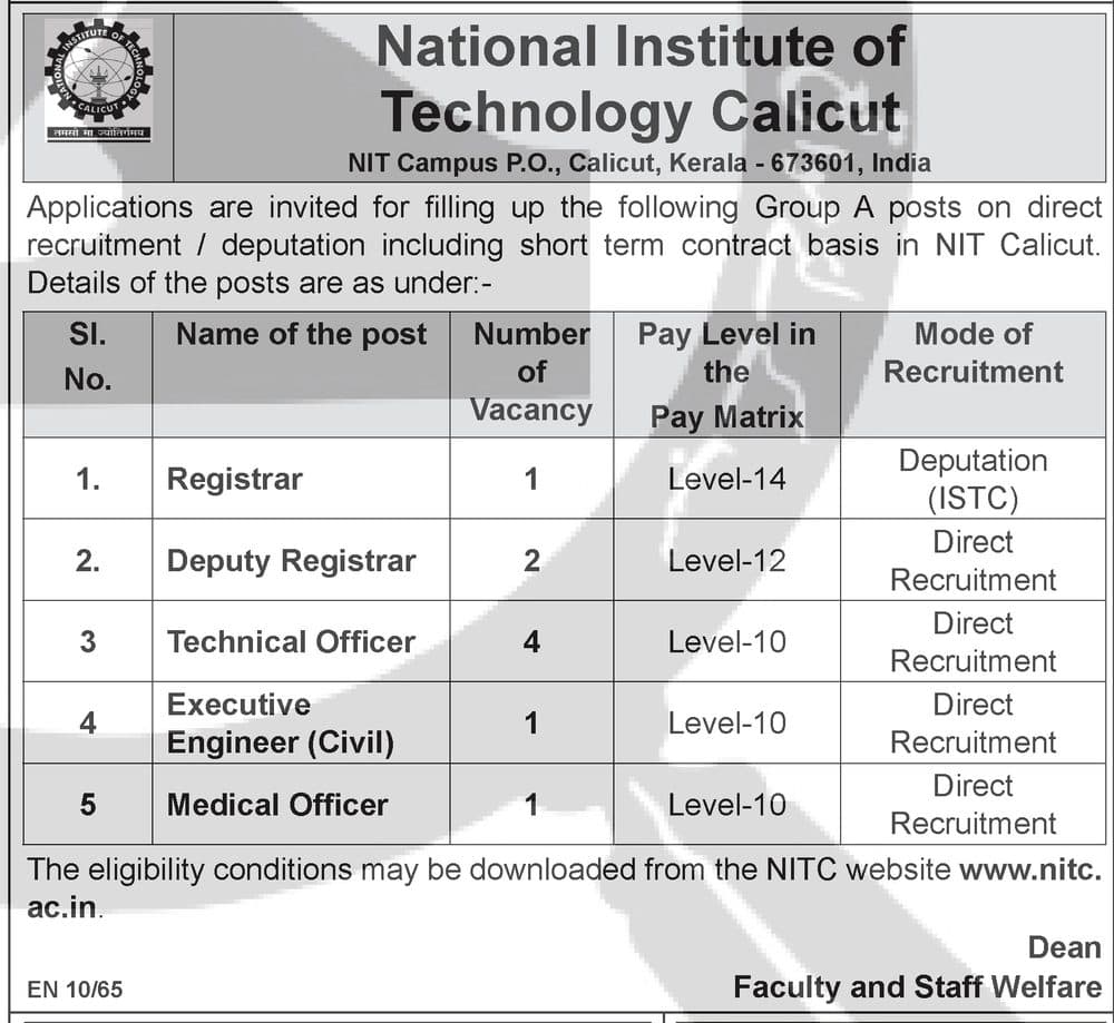 NIT Calicut Recruitment 2026 — Non-Teaching (Registrar / Dy Registrar / Technical Officer & more) — official Employment News notification (EN 10/65)