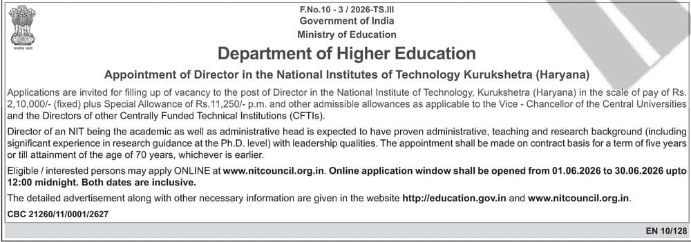 NIT Kurukshetra Recruitment 2026 — Director — official Employment News notification (F.No.10-3/2026-TS.III / CBC 21260/11/0001/2627 / EN 10/128)