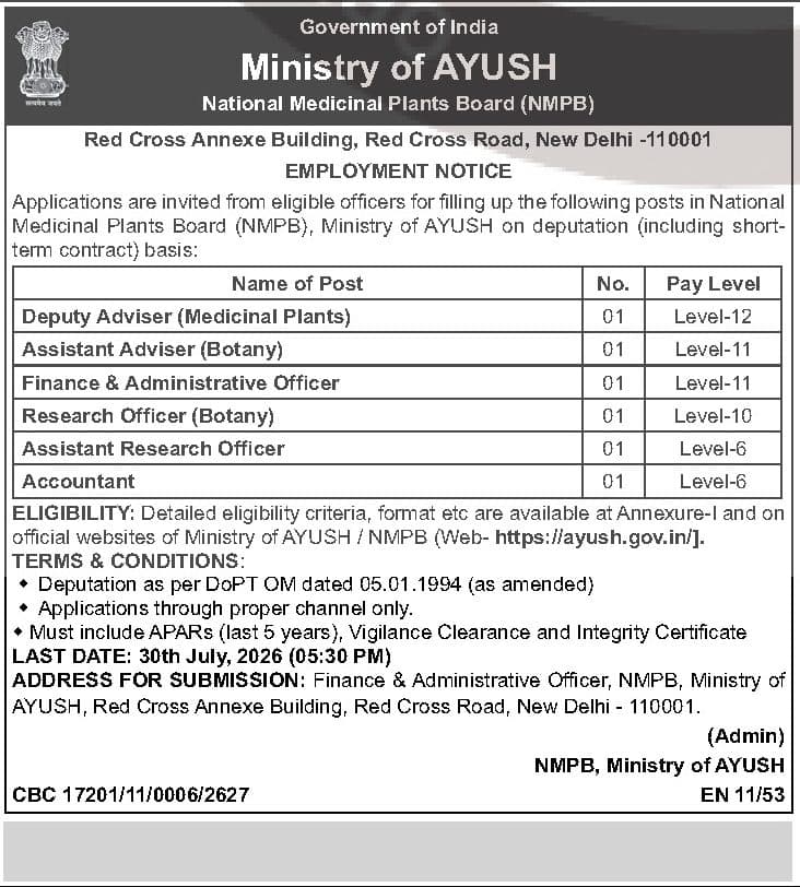 NMPB Ministry of AYUSH Recruitment 2026 - 6 Deputation Posts, Apply by 30 July — official Employment News notification (EN 11/53 (CBC 17201/11/0006/2627))