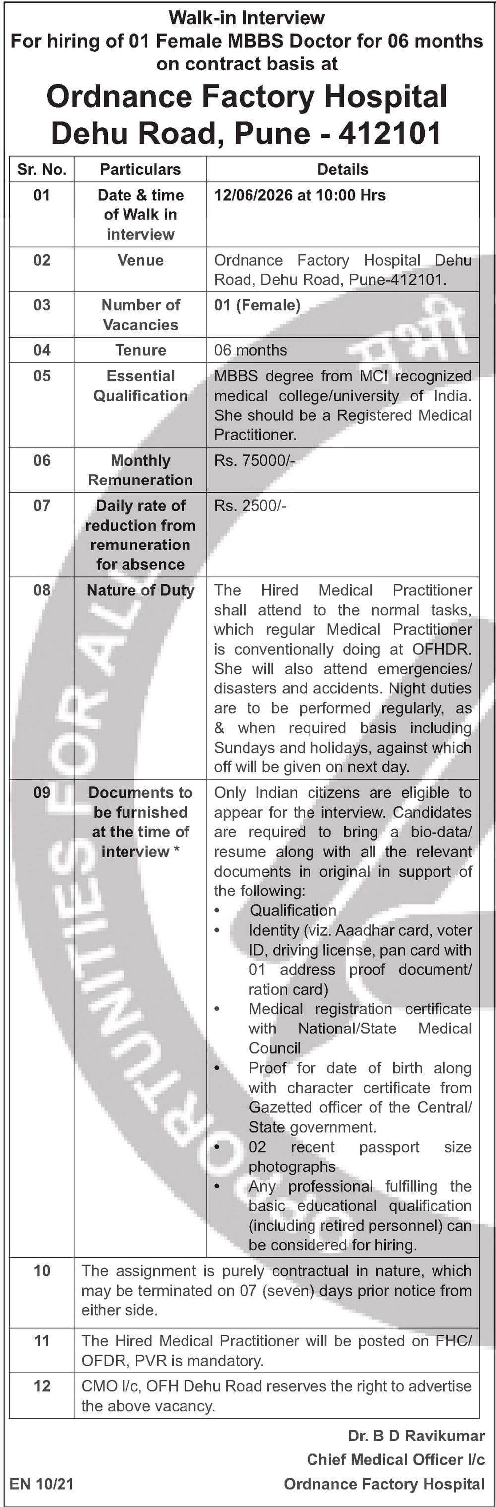 Ordnance Factory Hospital Dehu Road MBBS Doctor Recruitment 2026 — official Employment News notification (EN 10/21)