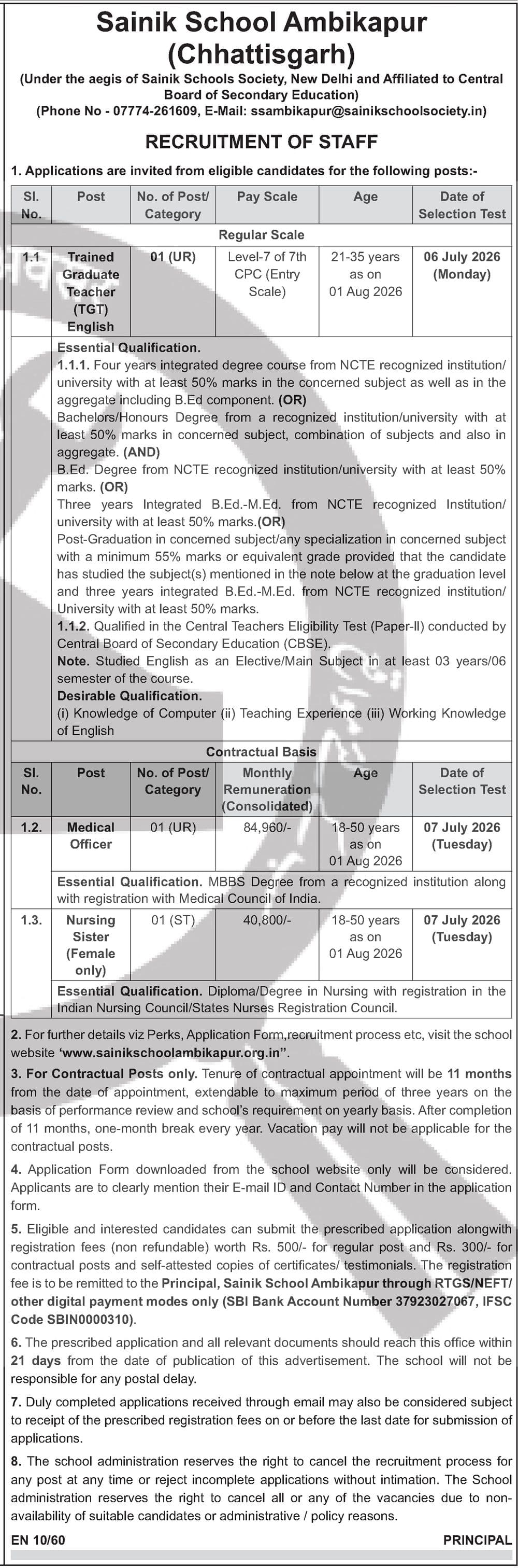 Sainik School Ambikapur Recruitment 2026 — TGT English / Medical Officer / Nursing Sister — official Employment News notification (EN 10/60)