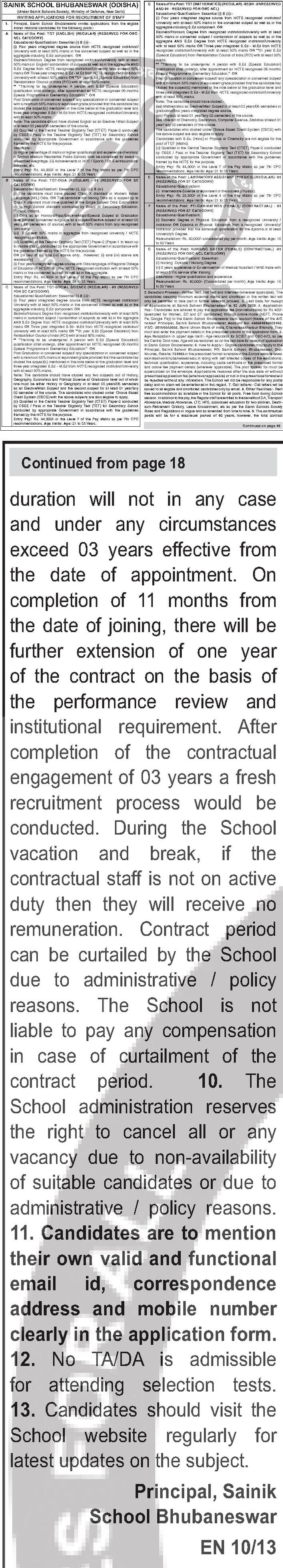 Sainik School Bhubaneswar Recruitment 2026 — Various Posts — official Employment News notification (EN 10/13)