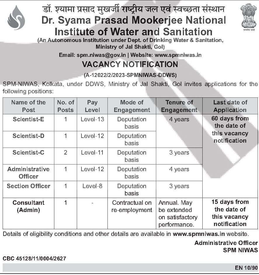 SPM-NIWAS Recruitment 2026 — Various Posts (7) — official Employment News notification (A-12022/2/2023-SPMNIWAS-DDWS; CBC 45128/11/0004/2627; EN 10/90)