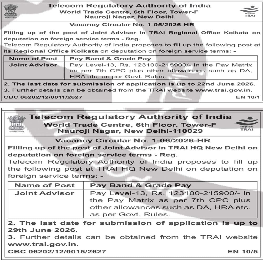 TRAI Recruitment 2026 — Joint Advisor (Deputation) — official Employment News notification (Vacancy Circular 1-05/2026-HR & 1-06/2026-HR (EN 10/1, 10/5))