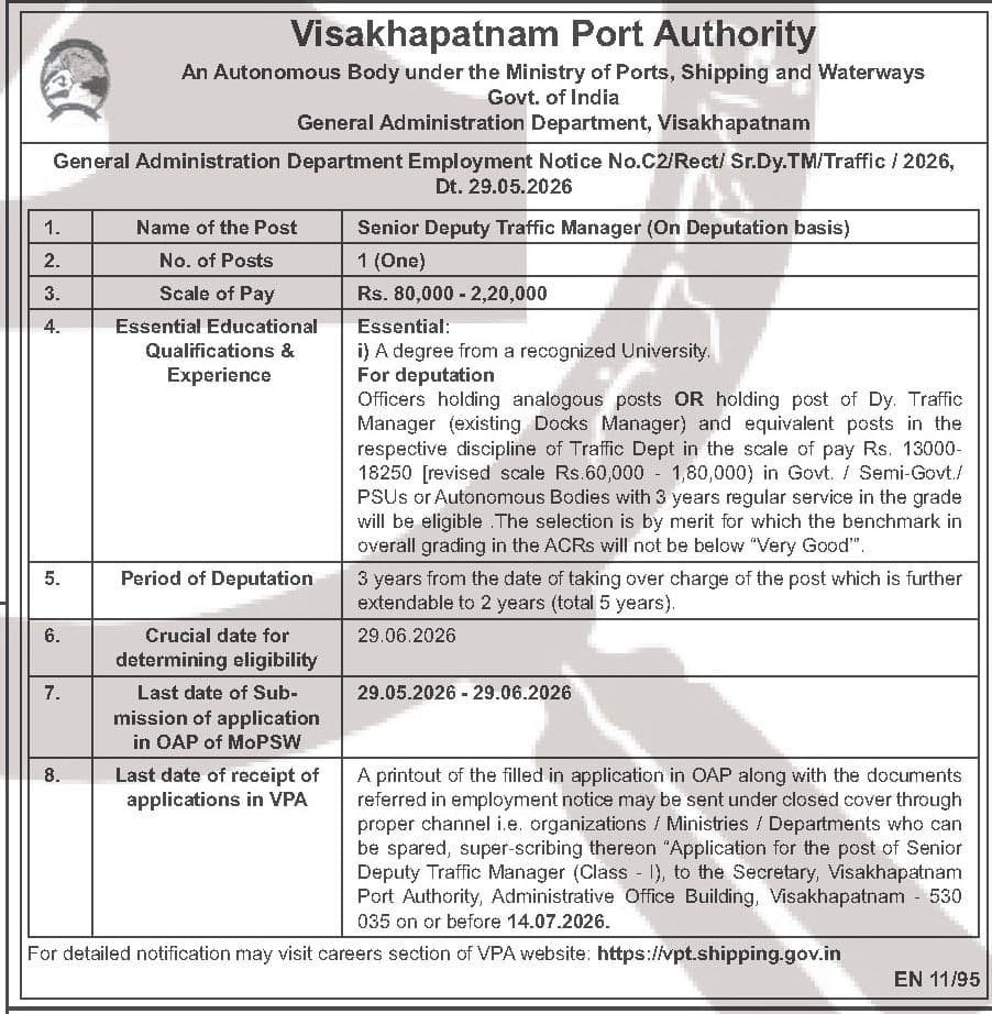 Visakhapatnam Port Authority Senior Deputy Traffic Manager Recruitment 2026 - 1 Post (Deputation), Apply by 14 July — official Employment News notification (EN 11/95 (Employment Notice No. C2/Rect/Sr.Dy.TM/Traffic/2026, Dt. 29.05.2026))