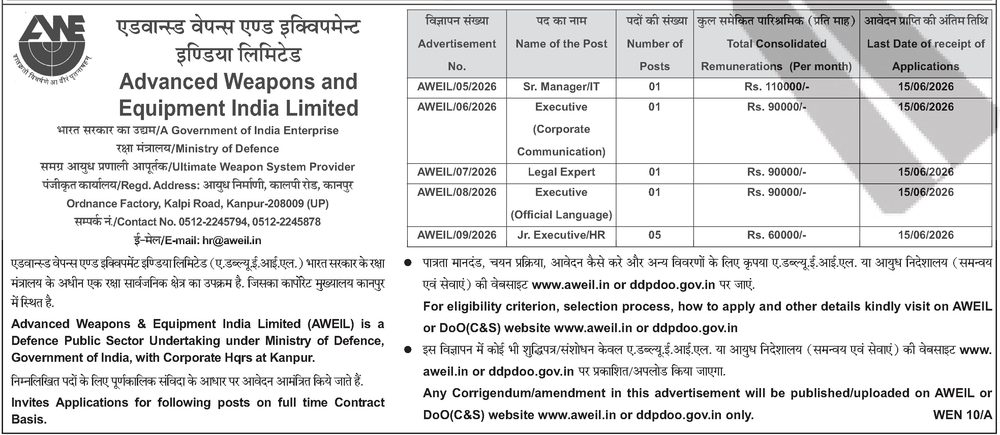 AWEIL Recruitment 2026 — Various Posts (9) — official Employment News notification (WEN 10/A (AWEIL/05–09/2026))