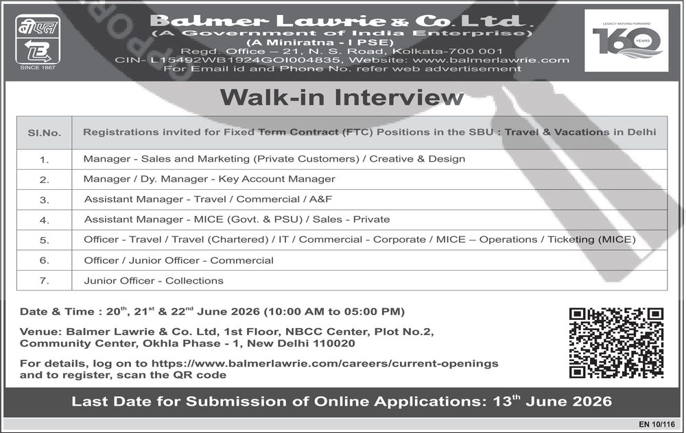 Balmer Lawrie Recruitment 2026 — Various Posts — official Employment News notification (EN 10/116)
