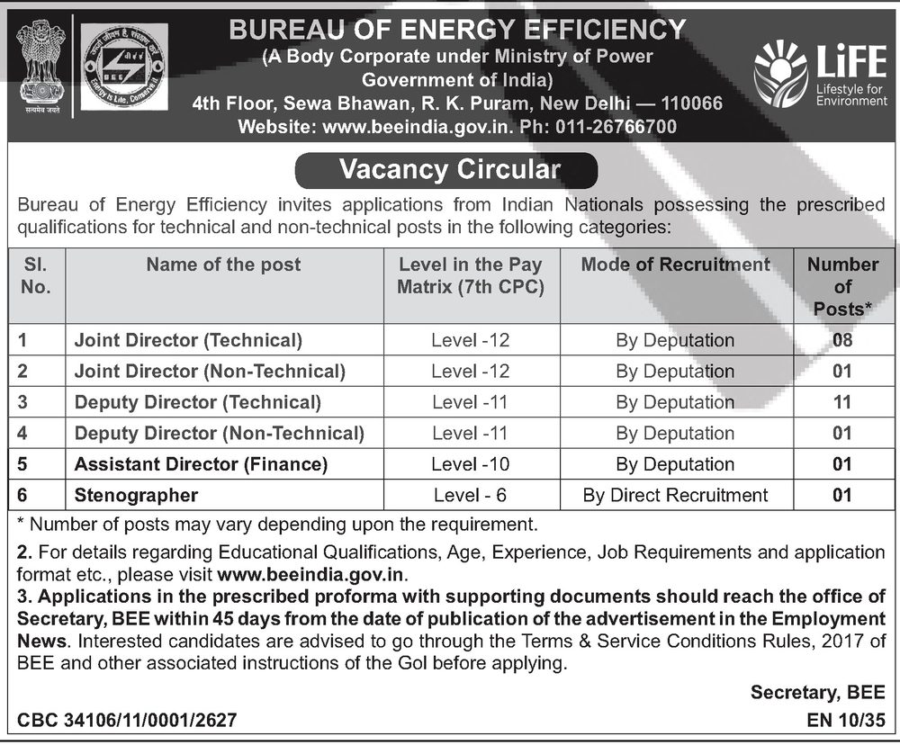 BEE Recruitment 2026 — Joint / Deputy Director, Stenographer (Various) — official Employment News notification (CBC 34106/11/0001/2627; EN 10/35)