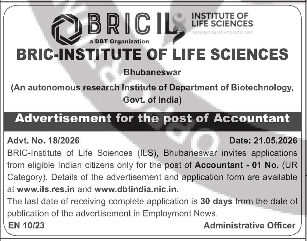 BRIC-ILS Bhubaneswar Recruitment 2026 — Accountant — official Employment News notification (Advt. No. 18/2026 (EN 10/23))