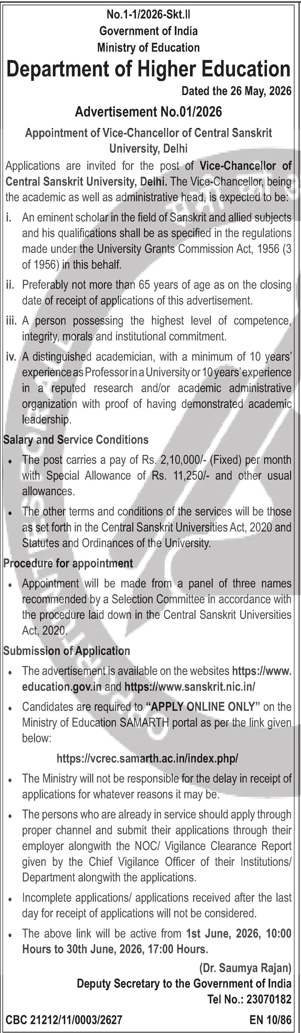 Central Sanskrit University Recruitment 2026 — Vice-Chancellor — official Employment News notification (No.1-1/2026-Skt.II — Advertisement No.01/2026 (CBC 21212/11/0003/2627; EN 10/86; dated 26 May 2026))