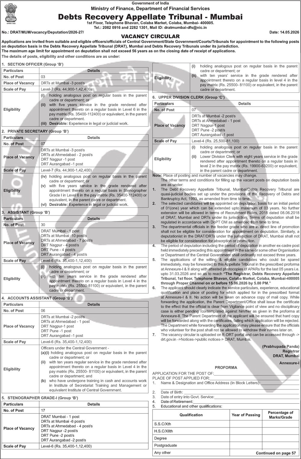 DRAT Mumbai Various Posts (Deputation) Recruitment 2026 — official Employment News notification (DRAT/MUM/vacancy/Deputation/2026-27/ dated 14.05.2026)