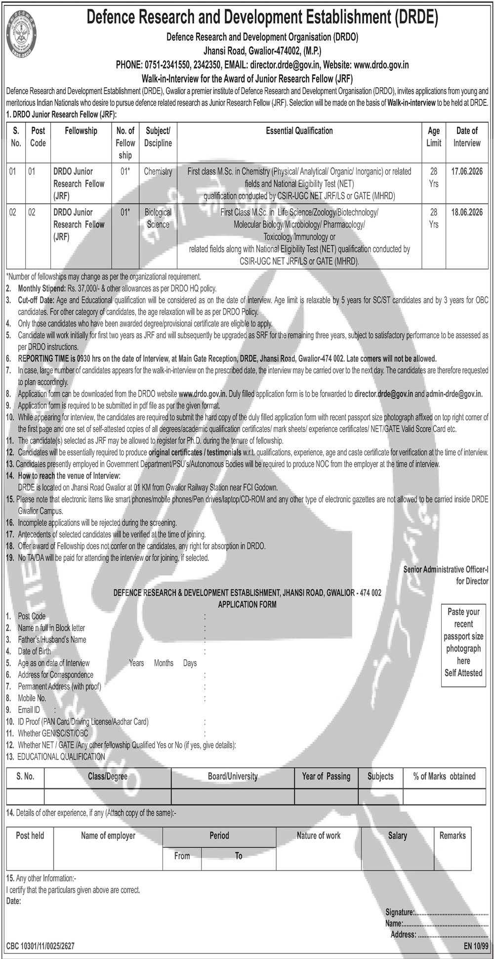 DRDE-DRDO Recruitment 2026 — Junior Research Fellow — official Employment News notification (CBC 10301/11/0026/2627; EN 10/8)