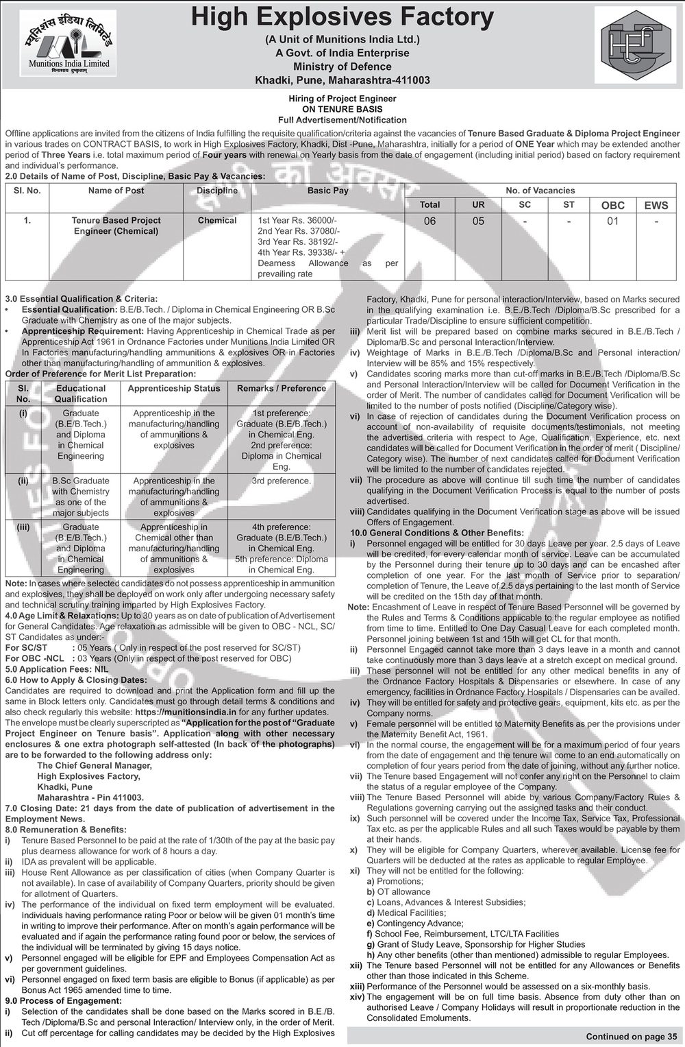 HEF Khadki Recruitment 2026 — Project Engineer (Chemical) — official Employment News notification (High Explosives Factory, Khadki — recruitment for Tenure Based Project Engineer (Chemical), Full Advertisement/Notification)
