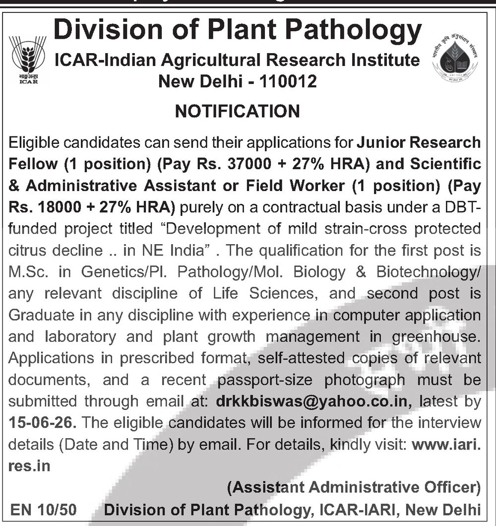 ICAR-IARI Recruitment 2026 — JRF & Scientific/Admin Assistant (Plant Pathology) — official Employment News notification (EN 10/50)
