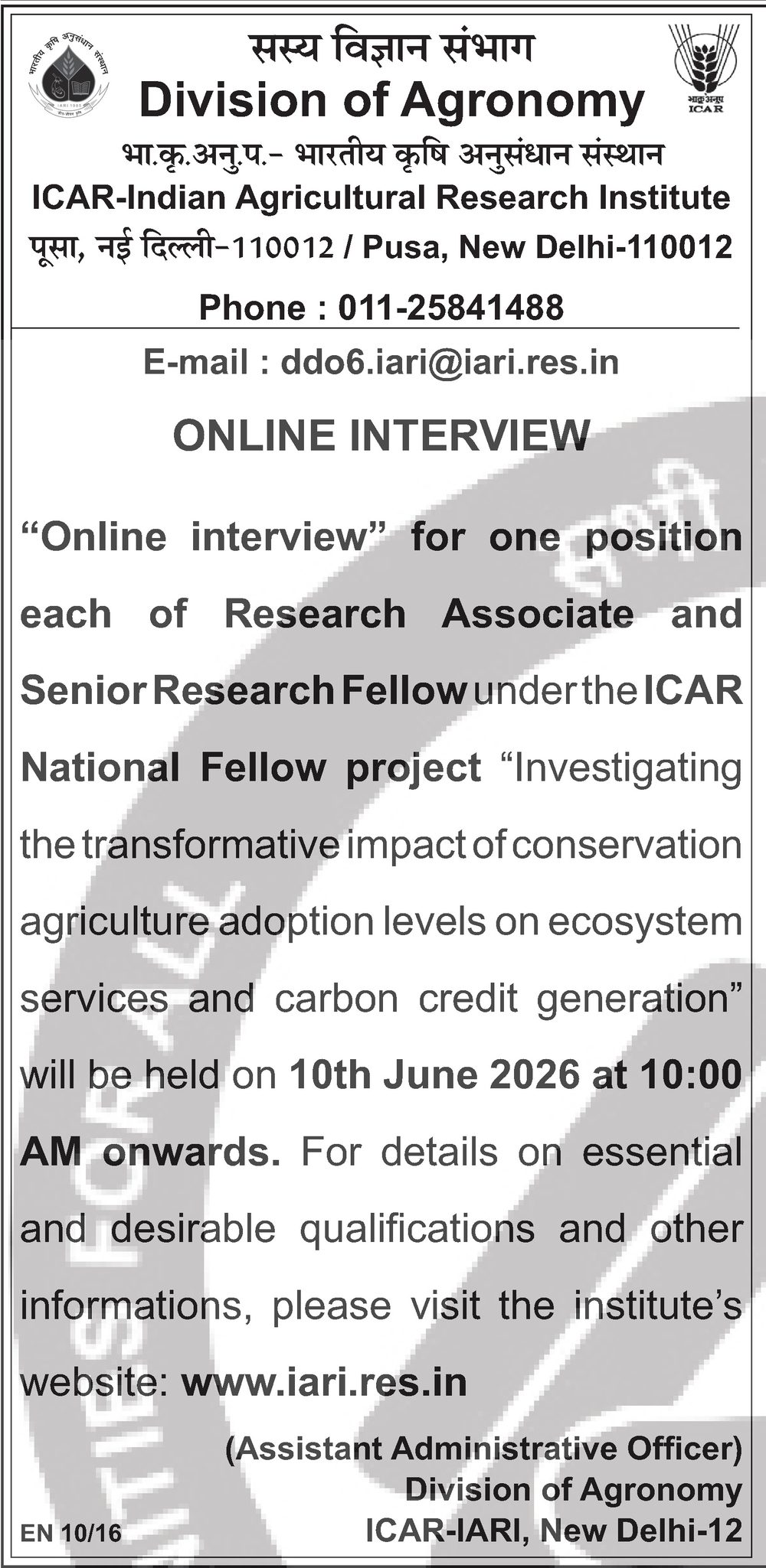 ICAR-IARI Recruitment 2026 — Research Associate & SRF (Agronomy) — official Employment News notification (EN 10/16)