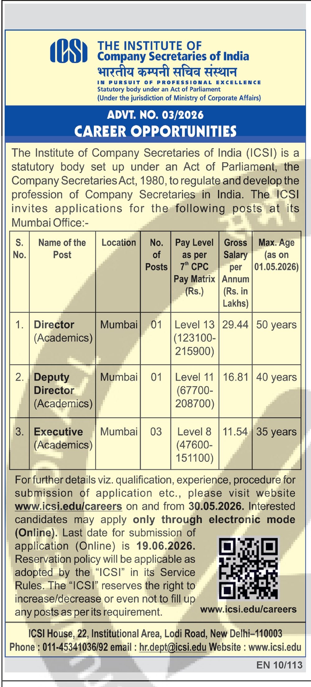ICSI Recruitment 2026 — Director / Deputy Director / Executive (Academics) — official Employment News notification (Advt. No. 03/2026; EN 10/113)