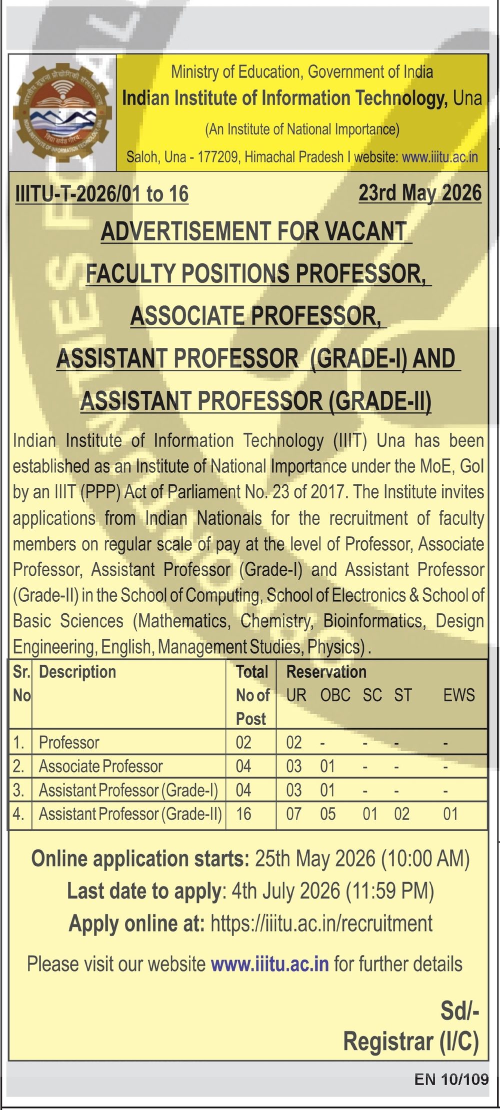 IIIT Una Recruitment 2026 — Faculty (Professor / Associate / Assistant Professor) — official Employment News notification (IIITU-T-2026/01 to 16 dated 23rd May 2026 (EN 10/109))