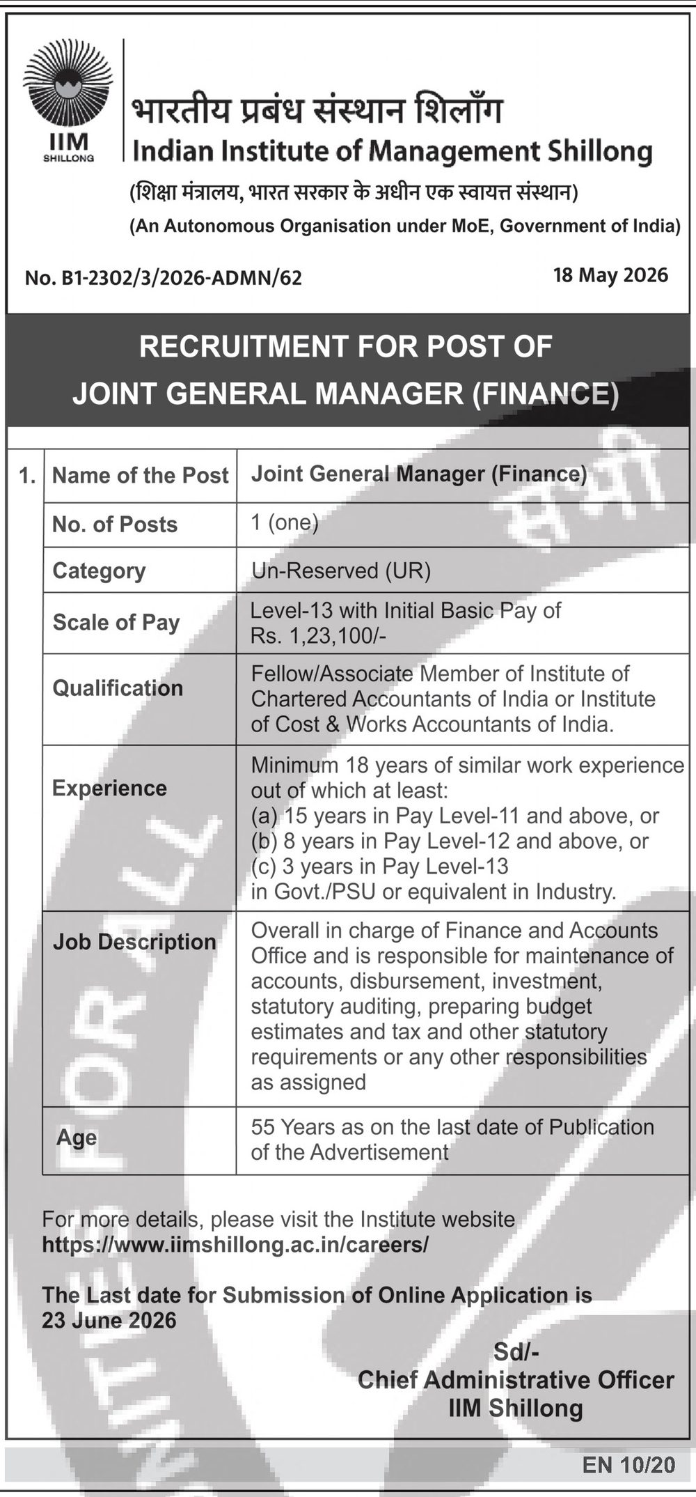 IIM Shillong Recruitment 2026 — Joint General Manager (Finance) — official Employment News notification (No. B1-2302/3/2026-ADMN/62; EN 10/20)