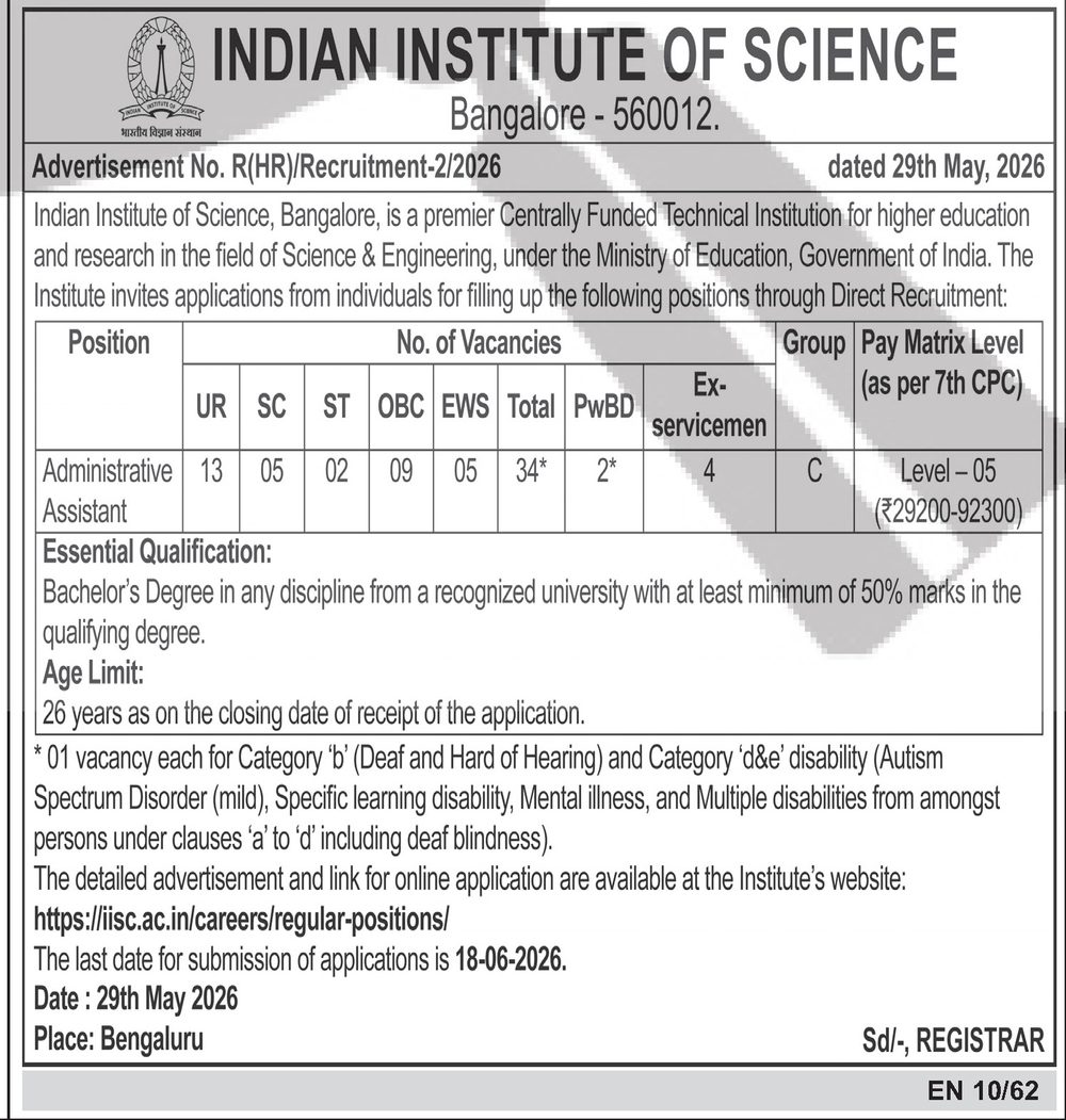 IISc Bangalore Recruitment 2026 — Administrative Assistant — official Employment News notification (Advertisement No. R(HR)/Recruitment-2/2026 dated 29th May 2026 (EN 10/62))