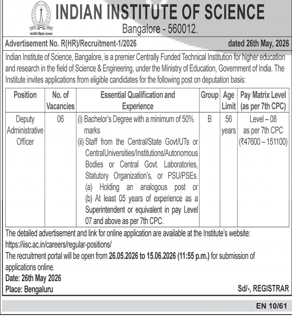 IISc Bangalore Recruitment 2026 — Deputy Administrative Officer (Deputation) — official Employment News notification (Advertisement No. R(HR)/Recruitment-1/2026 dated 26th May 2026 (EN 10/61))