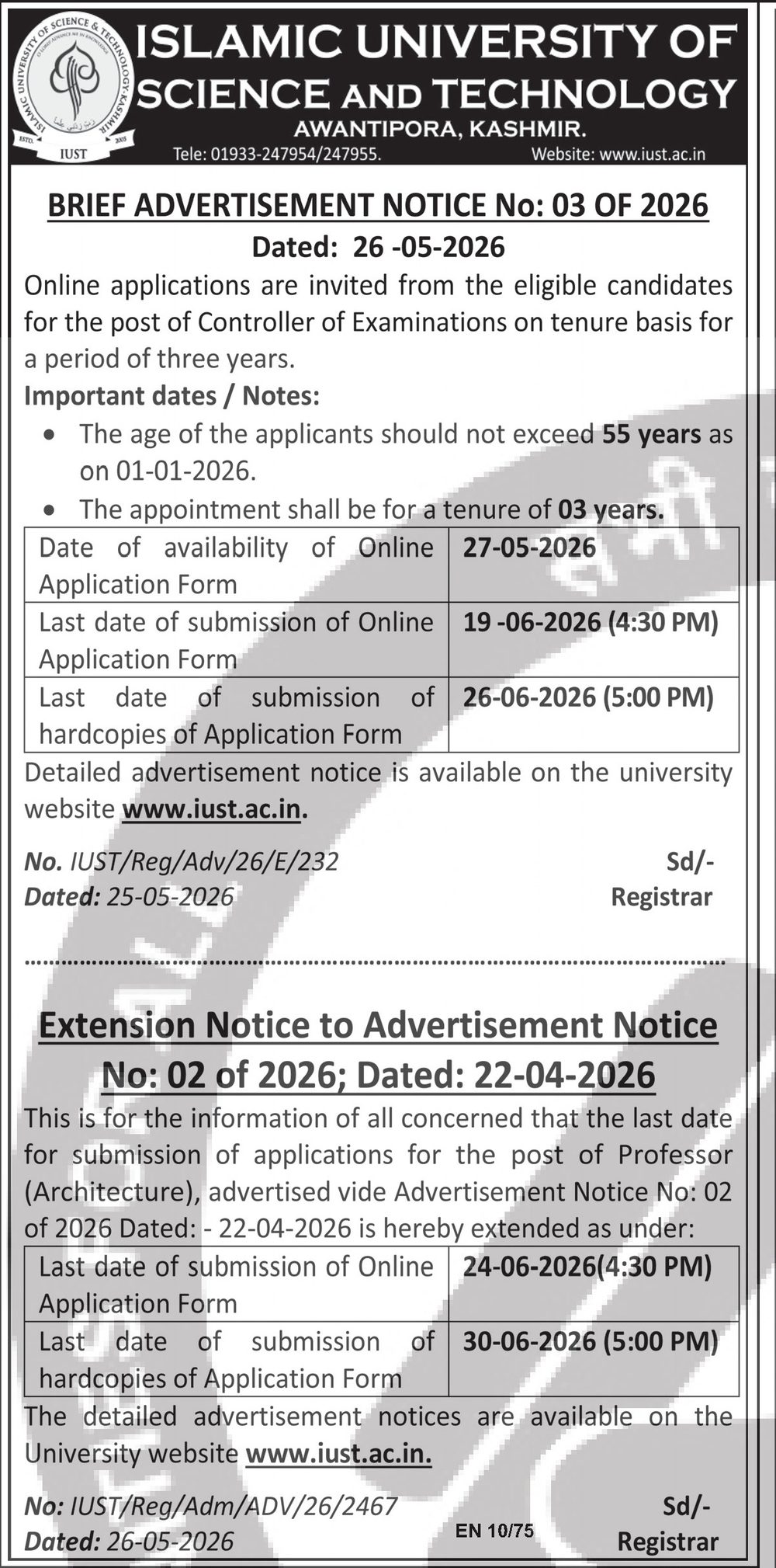 IUST Kashmir Recruitment 2026 — Controller of Examinations — official Employment News notification (Brief Advertisement Notice No. 03 of 2026; No. IUST/Reg/Adv/26/E/232)