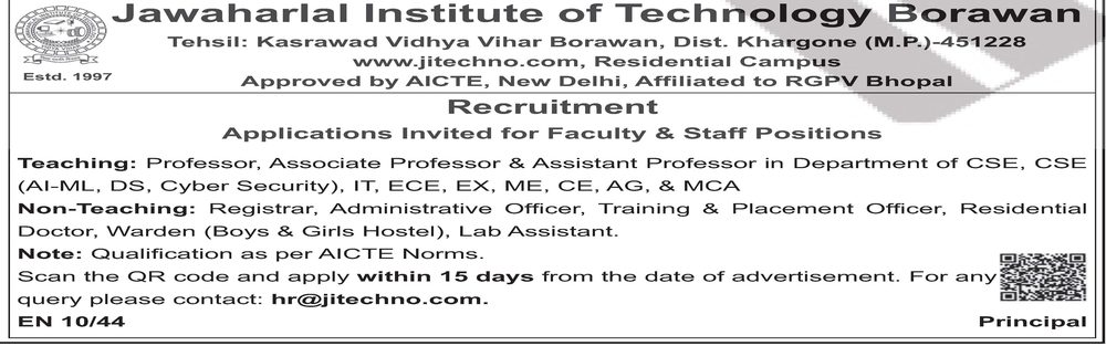 JIT Borawan Recruitment 2026 — Faculty & Staff — official Employment News notification (EN 10/44)
