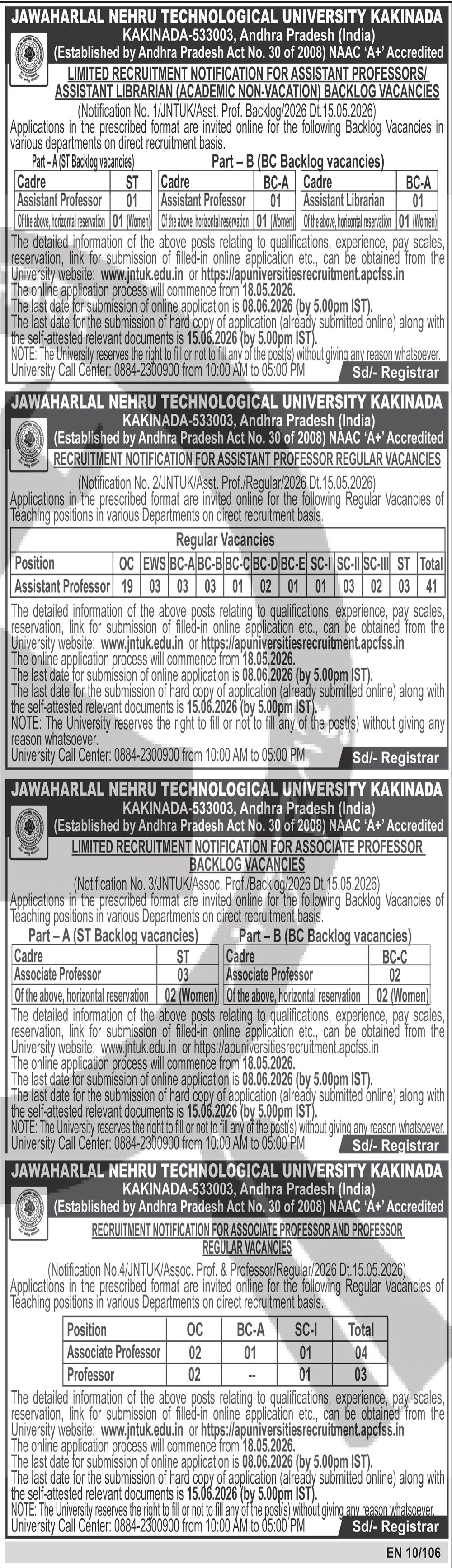 JNTU Kakinada Recruitment 2026 — Assistant / Associate / Professor — official Employment News notification (Notification Nos. 1, 2, 3 & 4 of JNTUK (Asst. Prof. Backlog / Asst. Prof. Regular / Assoc. Prof. Backlog / Assoc. Prof. & Professor Regular), all dated 15.05.2026 (EN 10/106))