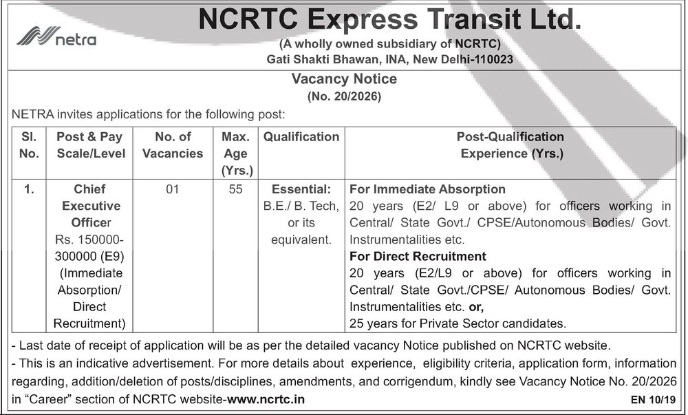 NCRTC NETRA Recruitment 2026 — Chief Executive Officer — official Employment News notification (Vacancy Notice No. 20/2026 (EN 10/19))