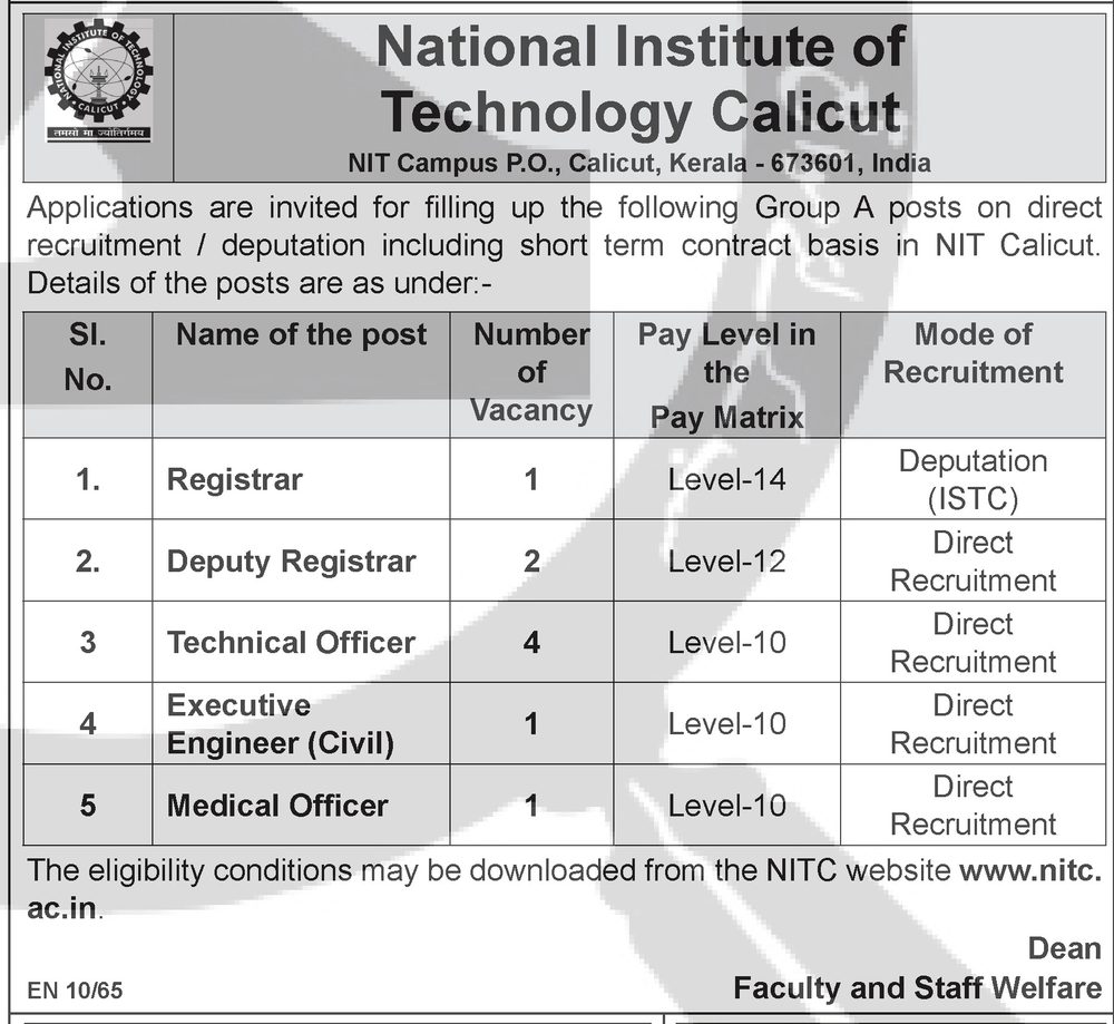 NIT Calicut Recruitment 2026 — Non-Teaching (Registrar / Dy Registrar / Technical Officer & more) — official Employment News notification (EN 10/65)