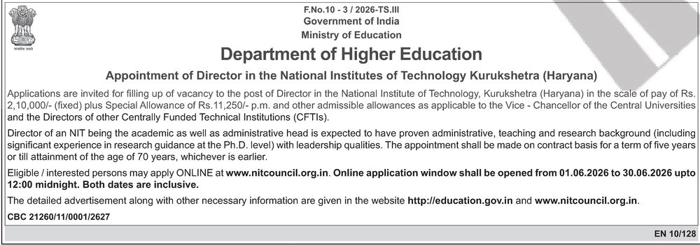 NIT Kurukshetra Recruitment 2026 — Director — official Employment News notification (F.No.10-3/2026-TS.III; CBC 21260/11/0001/2627 (EN 10/128))