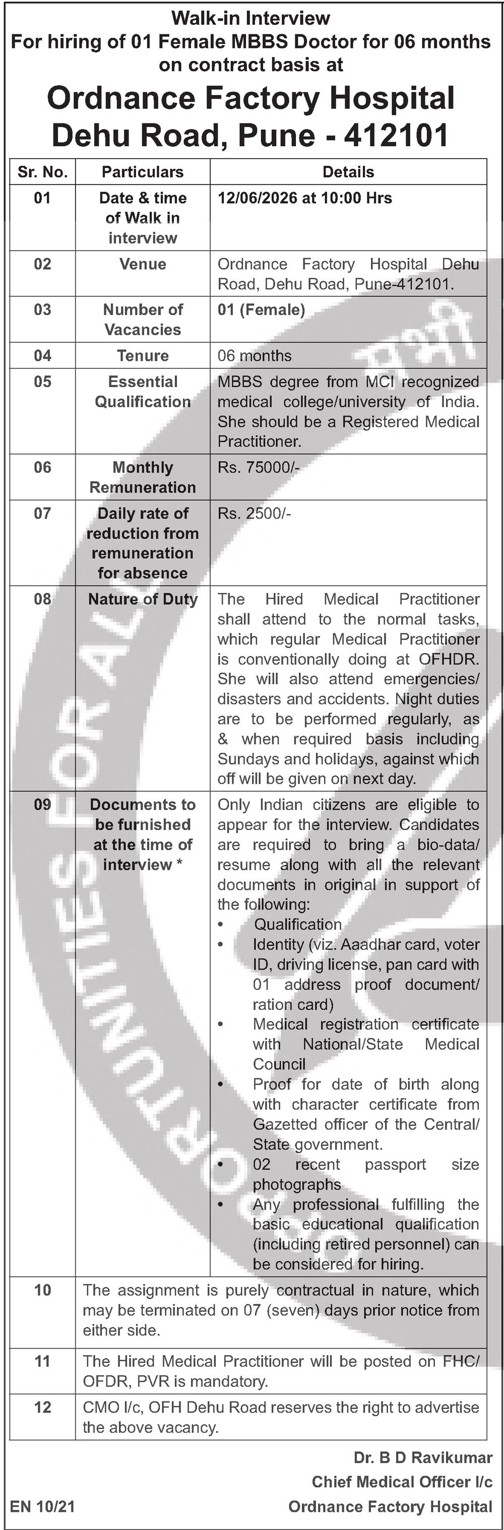 Ordnance Factory Hospital Dehu Road MBBS Doctor Recruitment 2026 — official Employment News notification (EN 10/21)