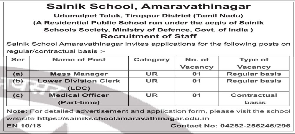 Sainik School Amaravathinagar Recruitment 2026 — 3 Posts — official Employment News notification (EN 10/18)