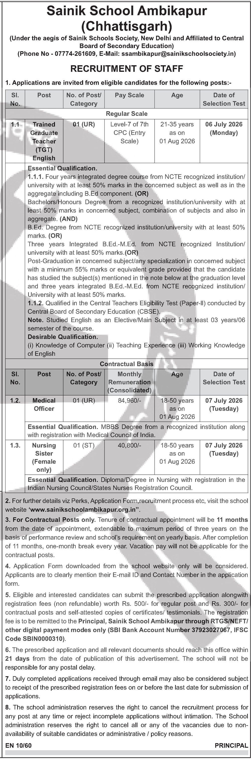 Sainik School Ambikapur Recruitment 2026 — TGT English / Medical Officer / Nursing Sister — official Employment News notification (EN 10/60)
