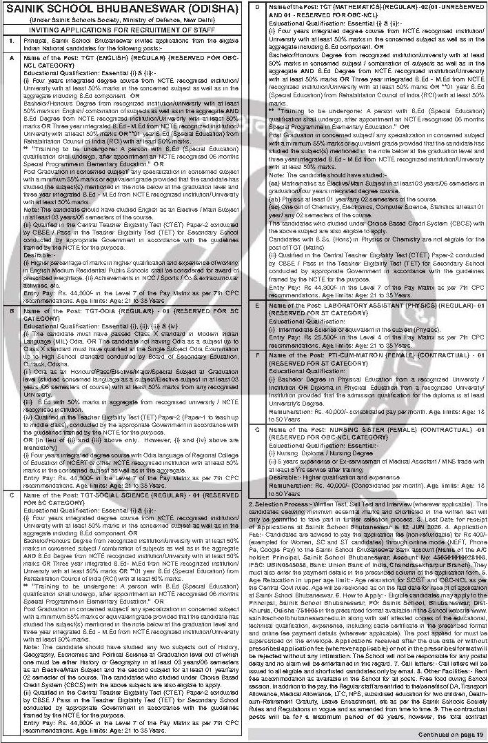 Sainik School Bhubaneswar Recruitment 2026 — Various Posts — official Employment News notification (EN 10/13)