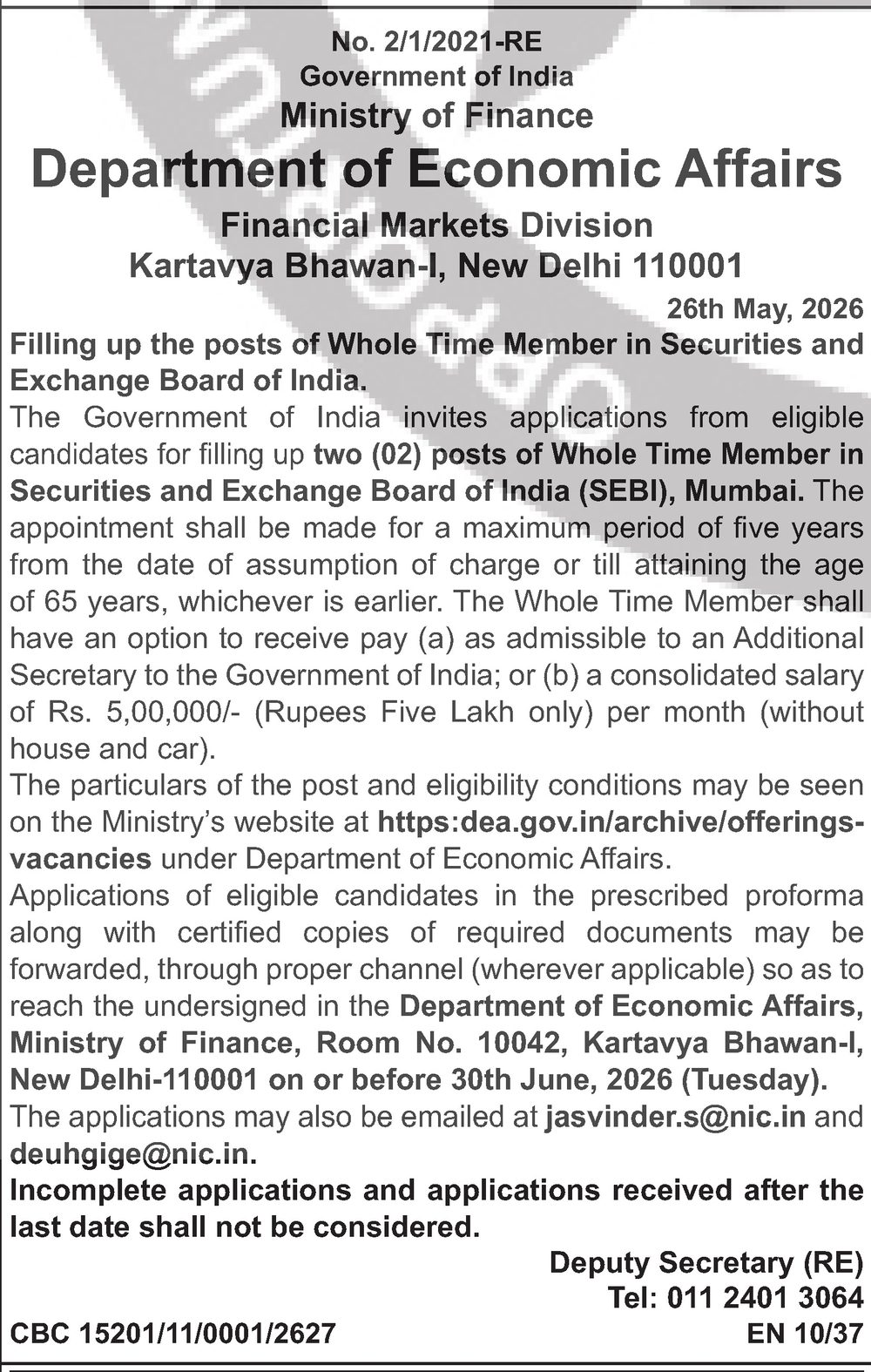 SEBI Recruitment 2026 — Whole Time Member — official Employment News notification (No. 2/1/2021-RE; CBC 15201/11/0001/2627; EN 10/37)
