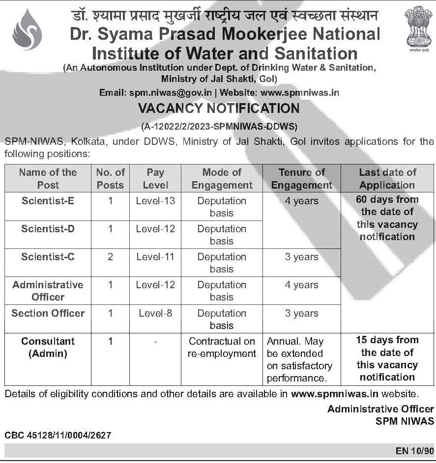 SPM-NIWAS Recruitment 2026 — Various Posts (7) — official Employment News notification (A-12022/2/2023-SPMNIWAS-DDWS (CBC 45128/11/0004/2627; EN 10/90))