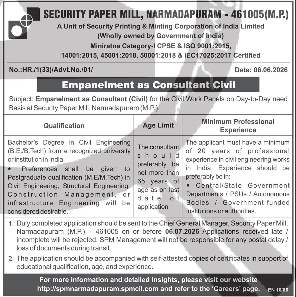 SPM Narmadapuram (SPMCIL) Recruitment 2026 — Consultant (Civil) — official Employment News notification (No. HR/1(33)/Advt.No./01/ (EN 10/58))