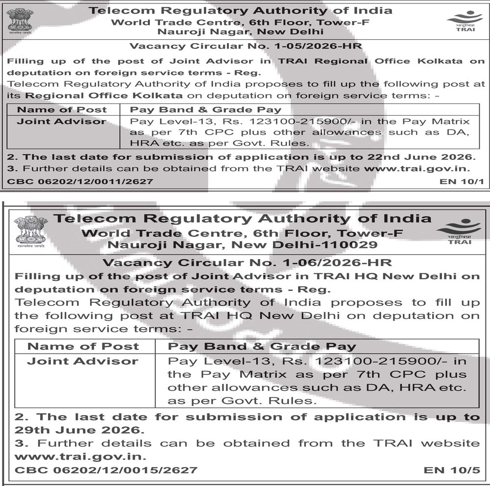TRAI Recruitment 2026 — Joint Advisor (Deputation) — official Employment News notification (Vacancy Circular 1-05/2026-HR & 1-06/2026-HR (EN 10/1, 10/5))