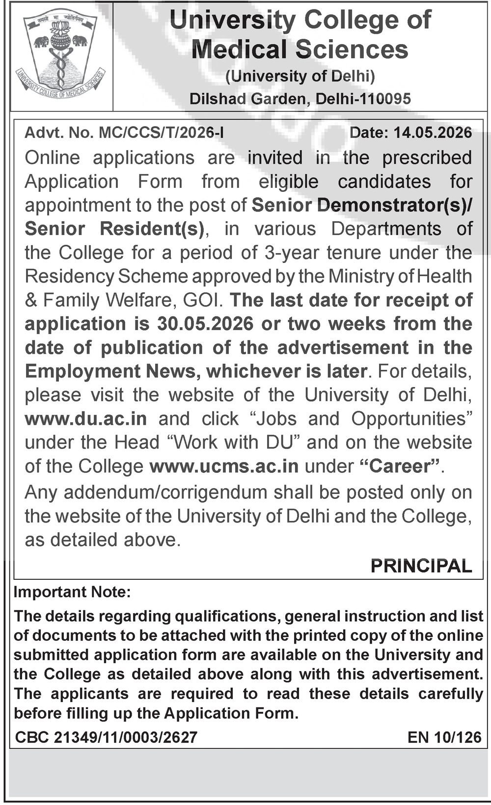 UCMS Delhi Recruitment 2026 — Senior Demonstrator / Senior Resident — official Employment News notification (Advt. No. MC/CCS/T/2026-I; CBC 21349/11/0003/2627; EN 10/126)